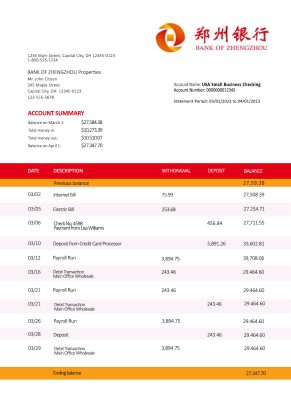 Fake Zhengzhou Business Bank Statement