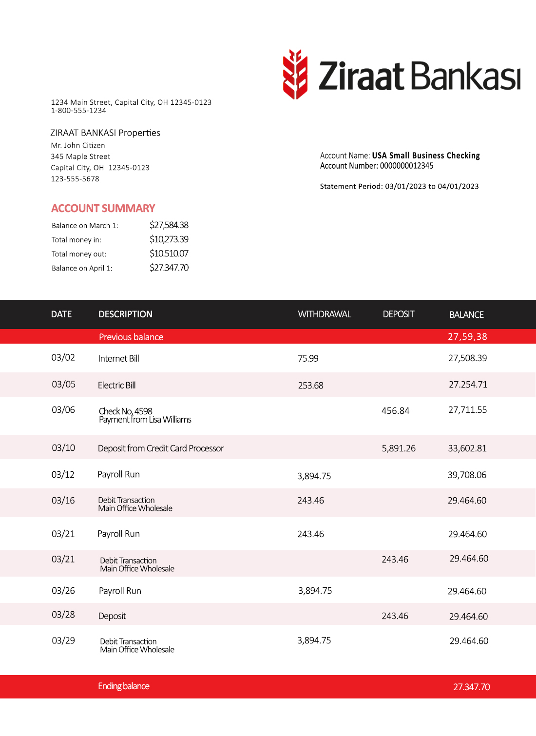 Fake Ziraat Bankasi Business Bank Statement