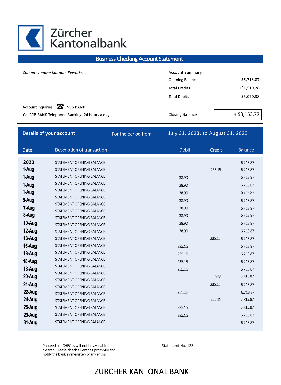 Fake Zurcher Kantonalbank Business Bank Statement