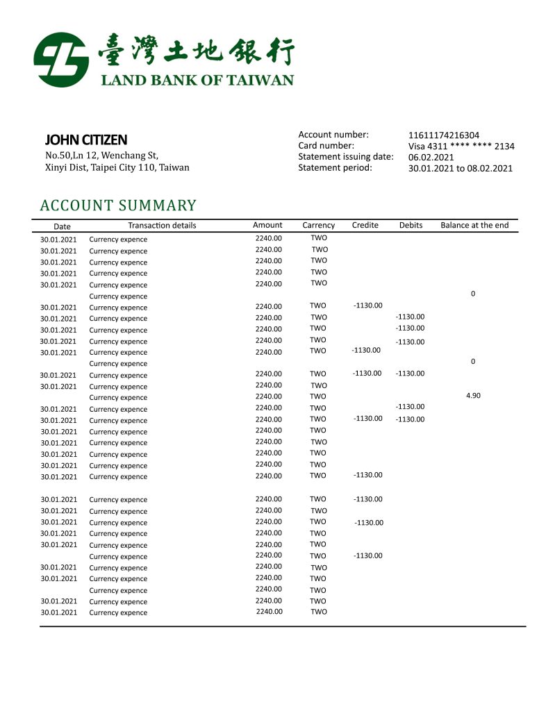 Fake land Bank of Taiwan firm Business Bank Statement